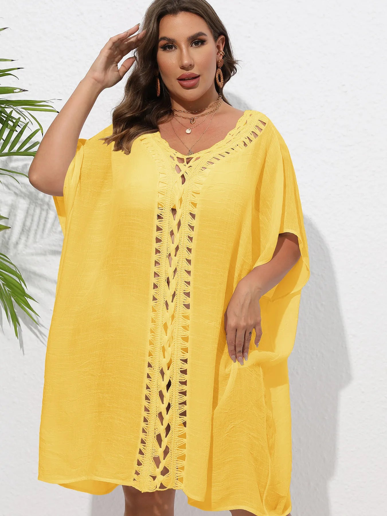 Crochet Trim V-Neck Beach Cover Up Dress - adritiX