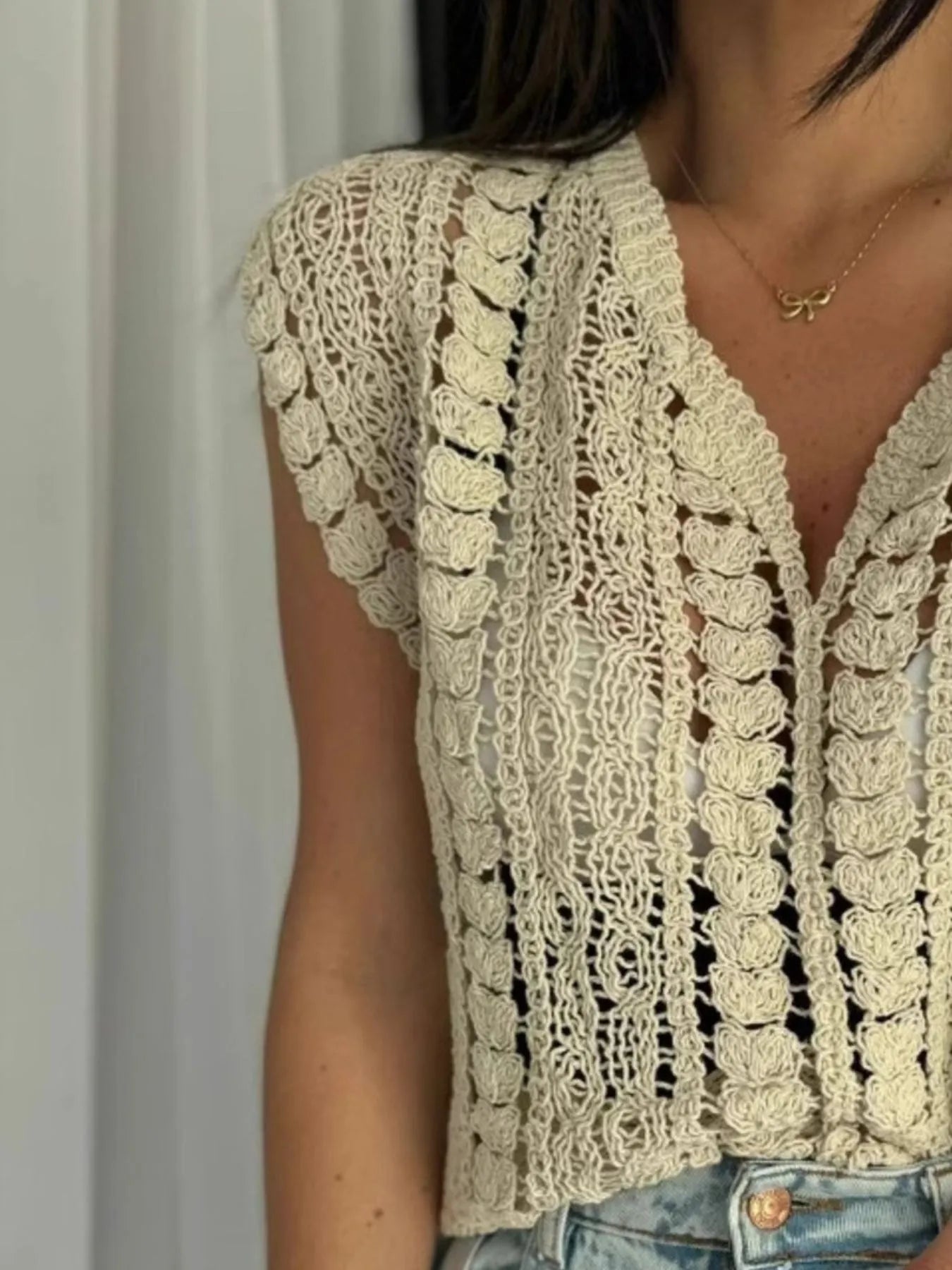 Crochet Knit V-Neck Sweater Vest - adritiX