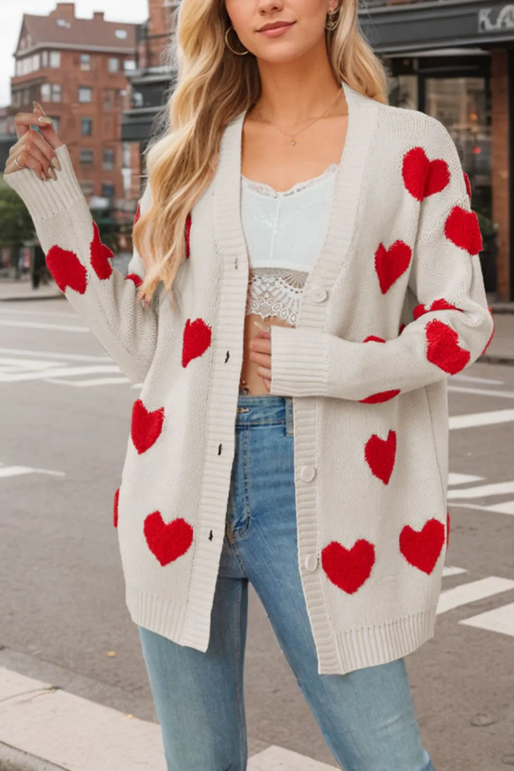 Heart Button Down Long Sleeve Cardigan - adritiX