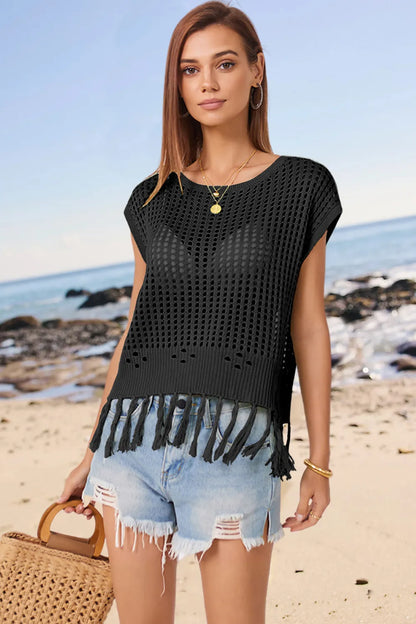 Openwork Cap Sleeve Knit Cover Up with Tassel - adritiX