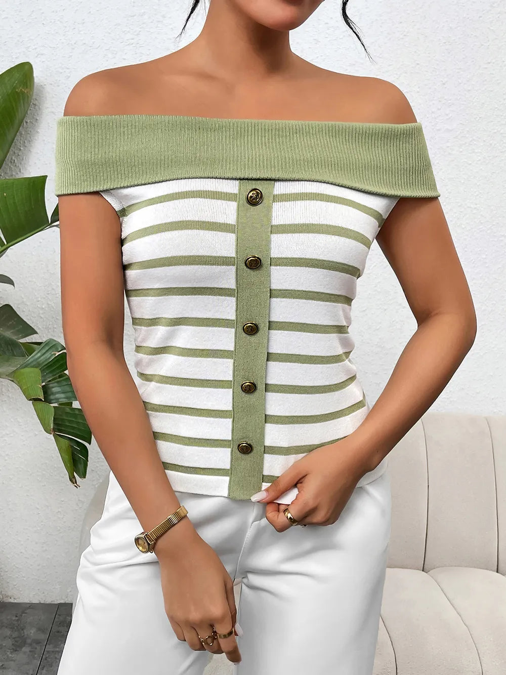 Decorative Button Striped Off-Shoulder Knit Top - adritiX