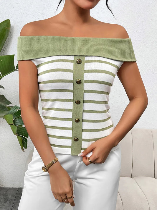 Decorative Button Striped Off-Shoulder Knit Top - adritiX
