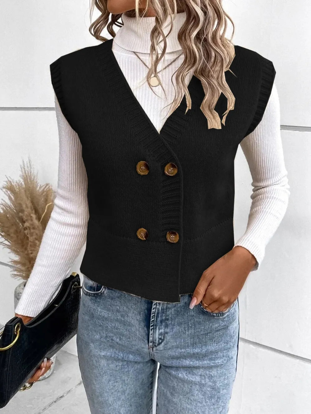 Full Size Button Up V-Neck Sweater Vest - adritiX