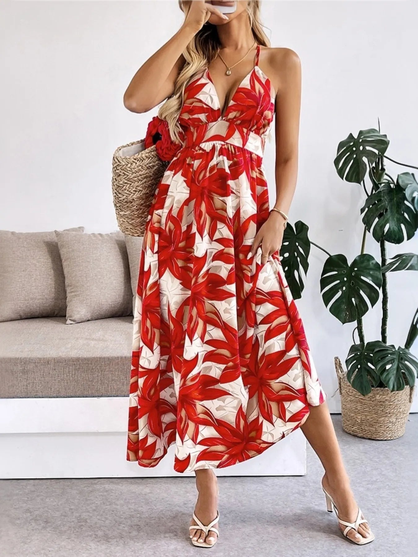 Crisscross Back Printed Midi Dress with Cutout Detail - adritiX