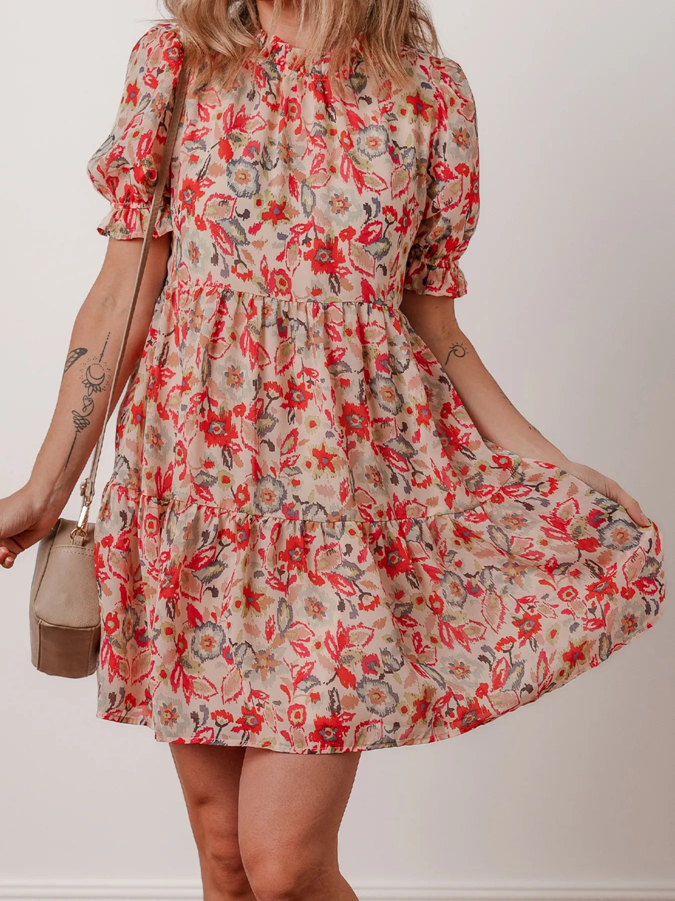 Floral Print Frilled Neck Puff Sleeve High Waist Dress - adritiX