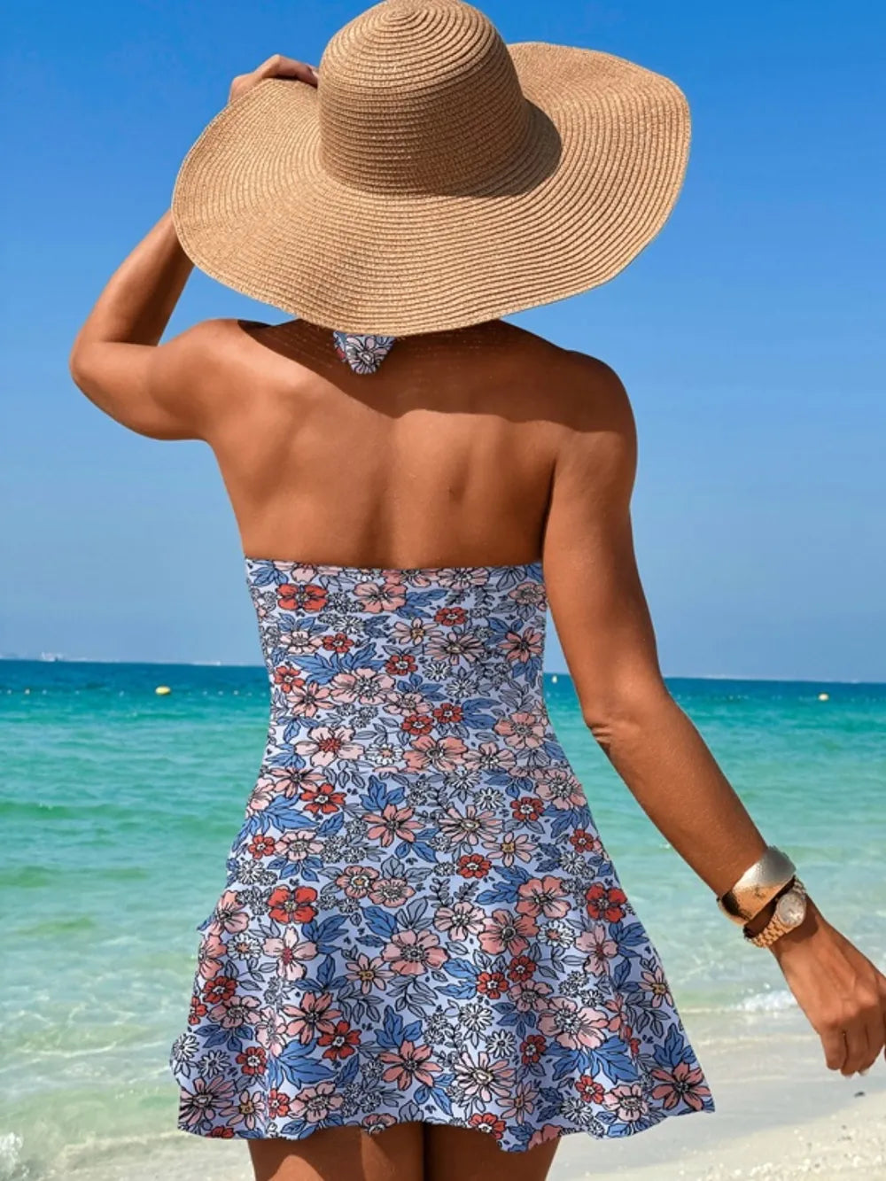 Cutout Printed Halter Neck One-Piece Swimwear - adritiX