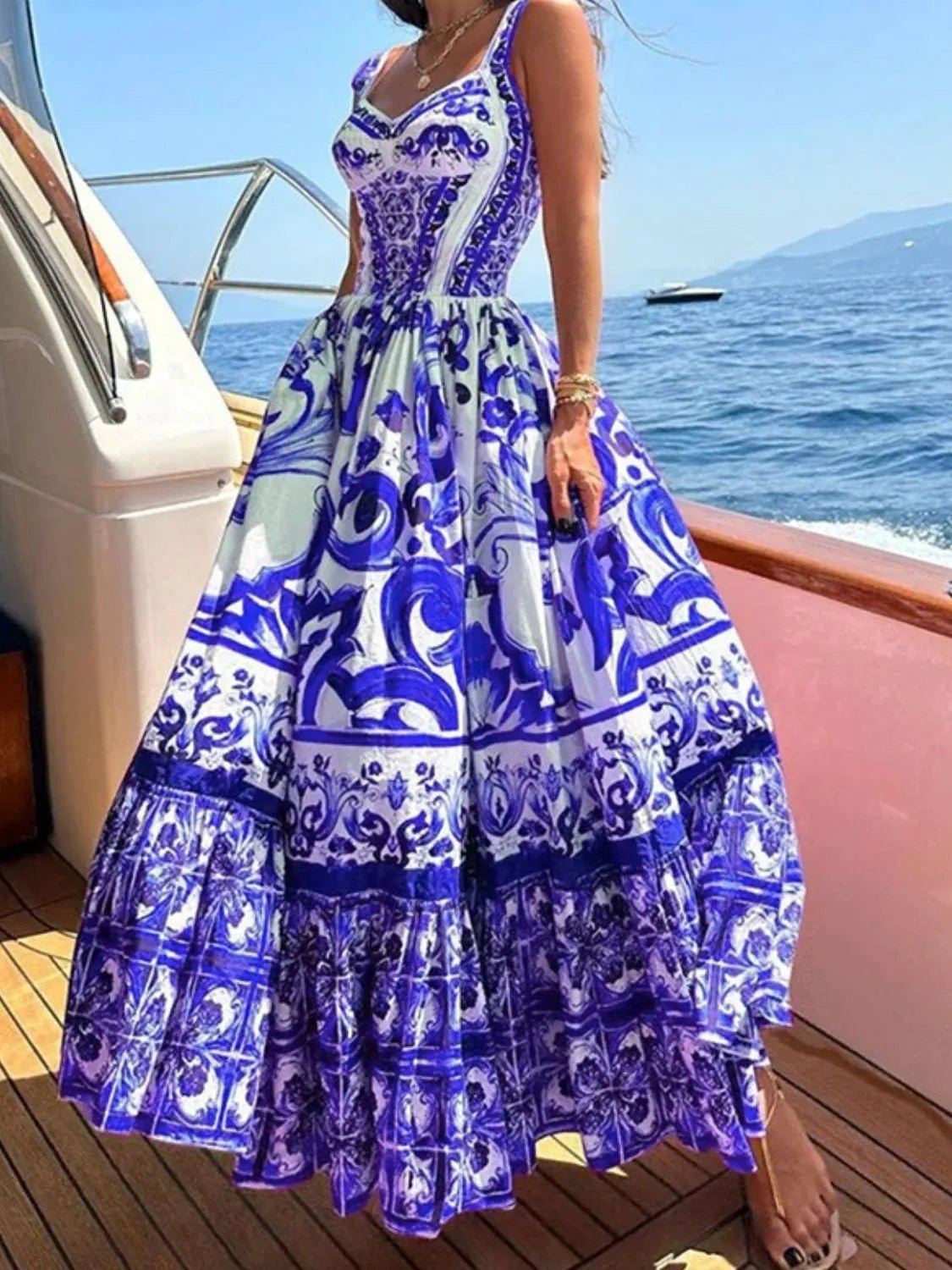 Smocked Printed Wide Strap Dress - adritiX