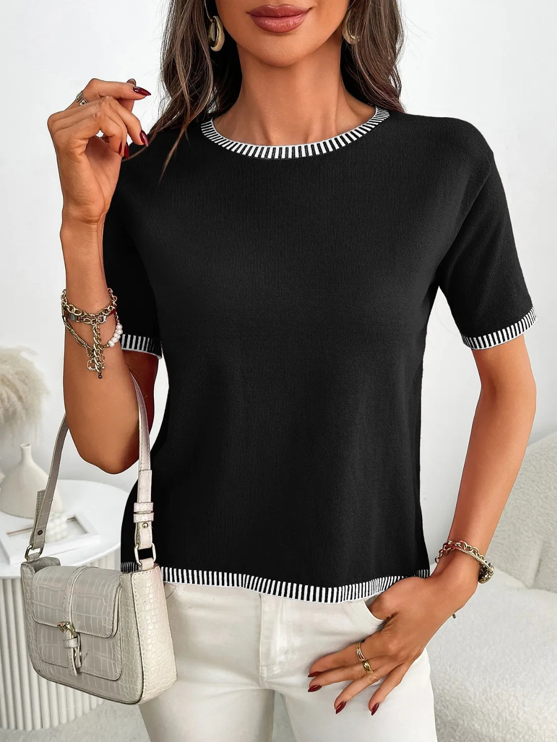 Short Sleeve Round Neck Knit Top - adritiX