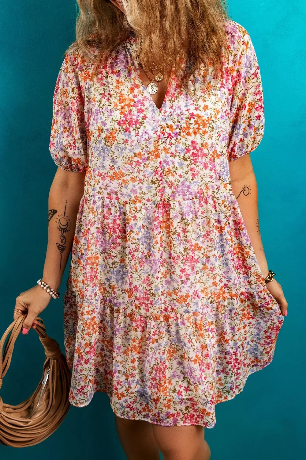 Floral Puff Sleeve Notched Tiered Mini Dress - adritiX