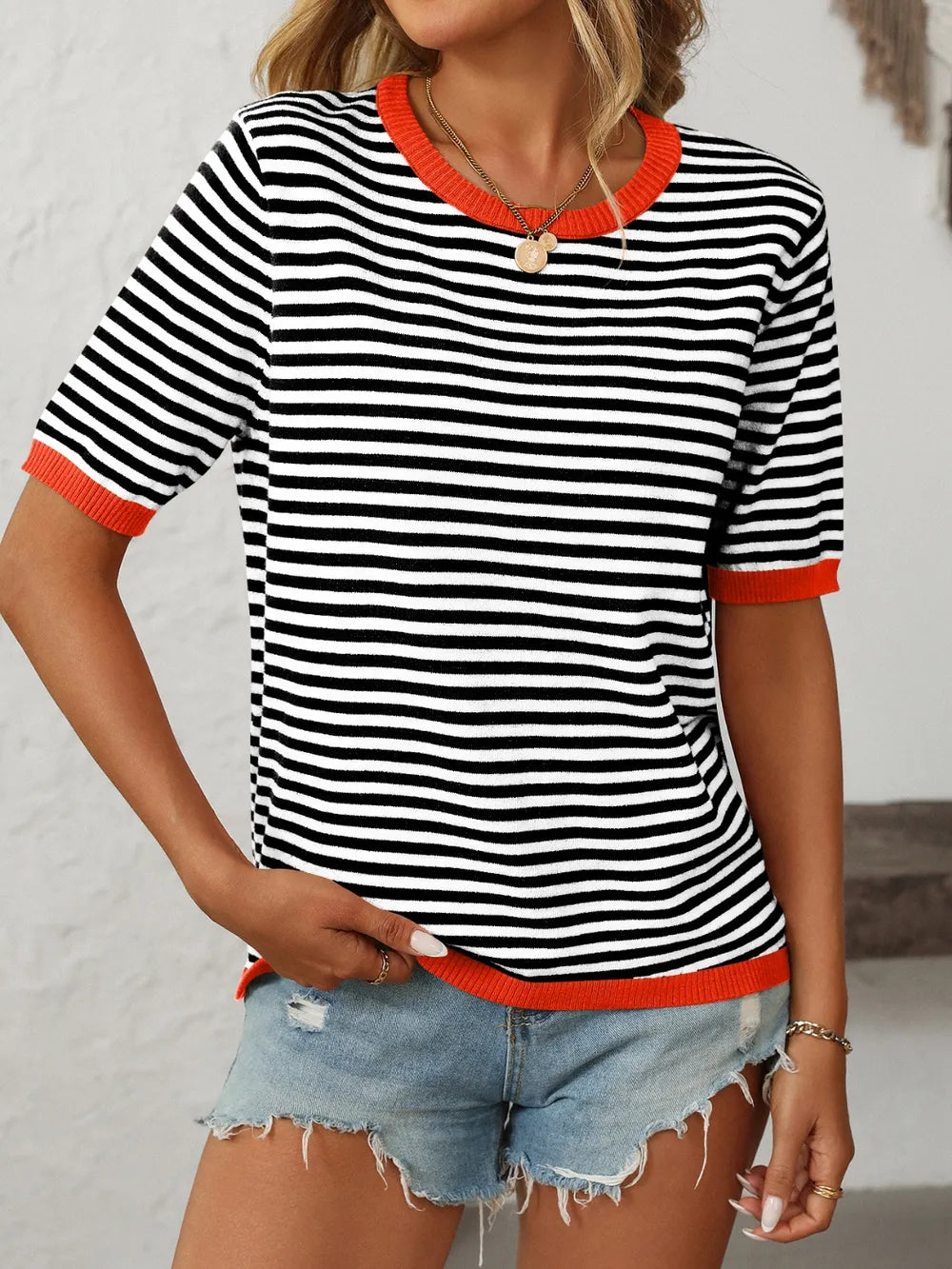 Mandy Striped Round Neck Half Sleeve Knit Top - adritiX