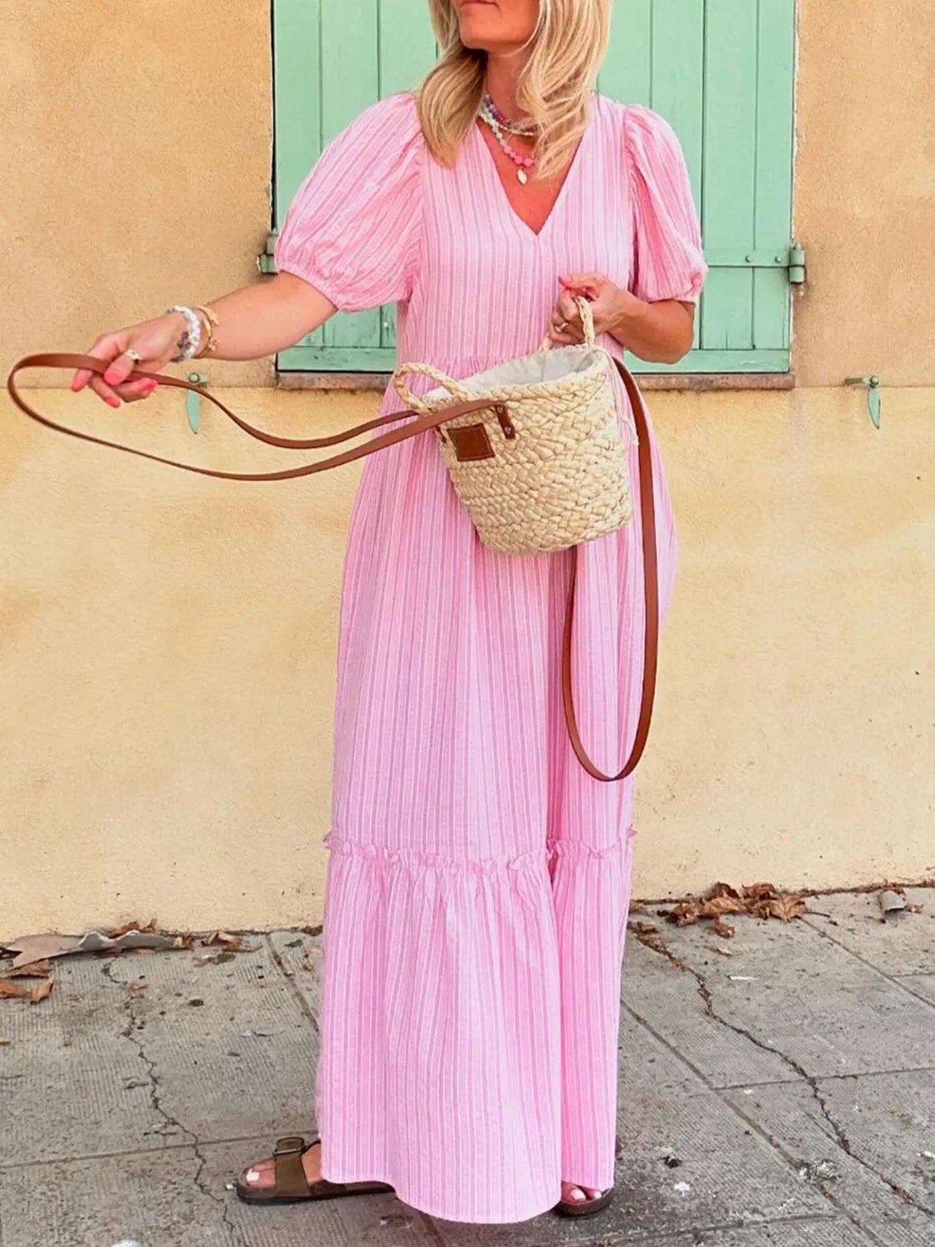 Striped Puff Sleeve V-Neck Maxi Dress - adritiX