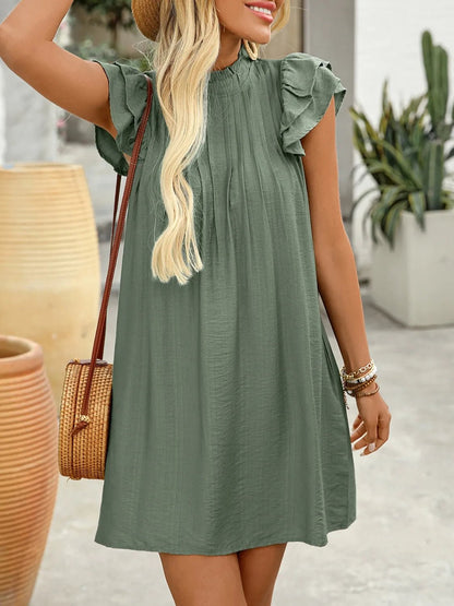 Ruffled Mock Neck Cap Sleeve Mini Dress - adritiX