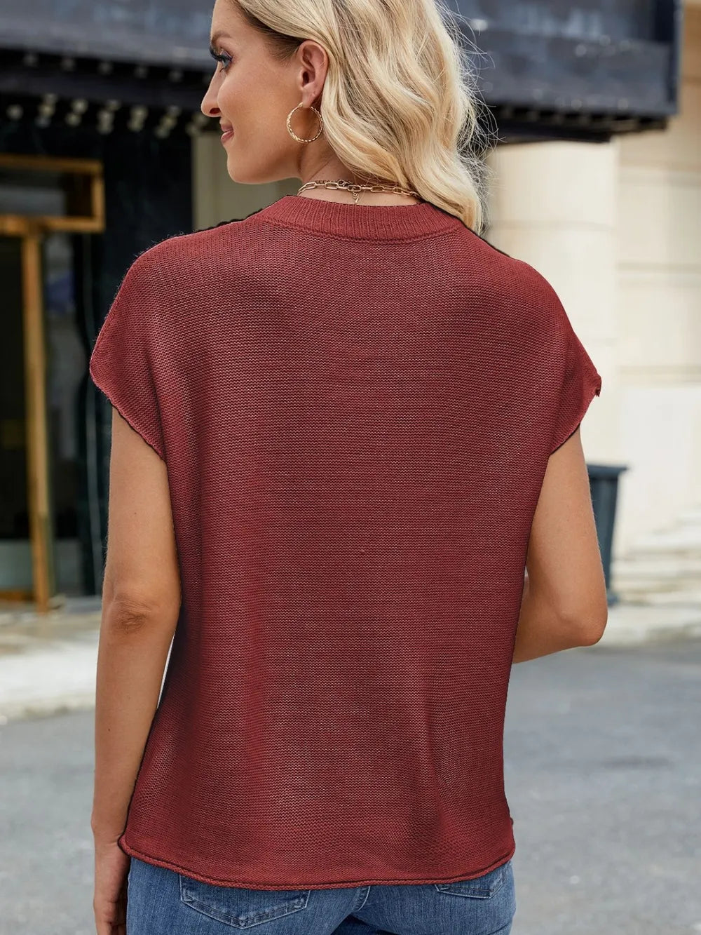 Exposed Seam Round Neck Short Sleeve Sweater - adritiX