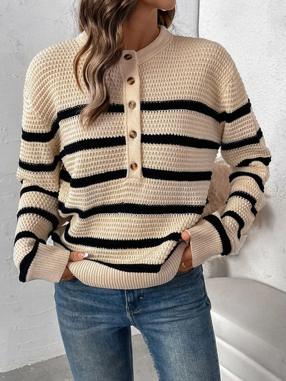 Perfee Striped Half Button Long Sleeve Sweater - adritiX