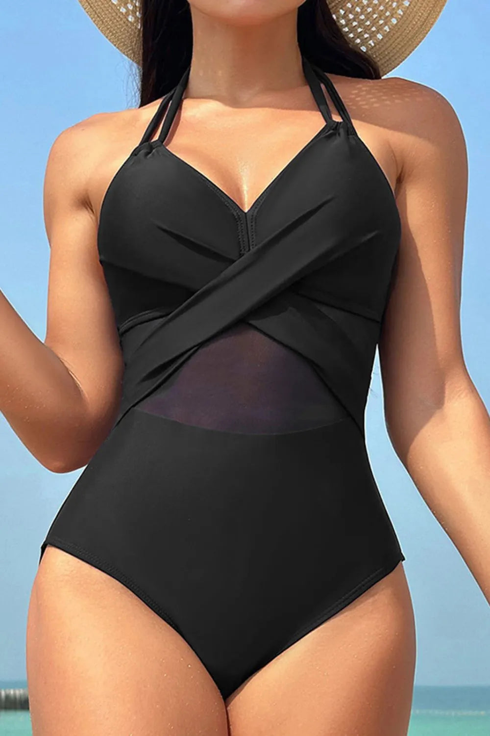 Crisscross Halter Neck One-Piece Swimwear - adritiX