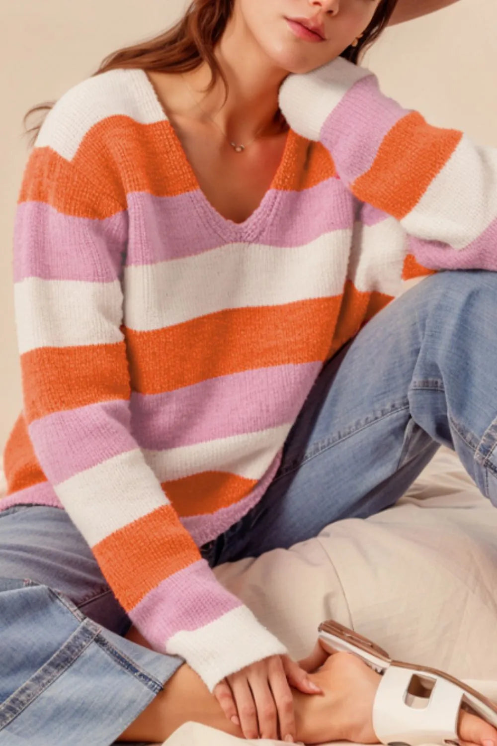 Color Block V-Neck Long Sleeve Sweater - adritiX
