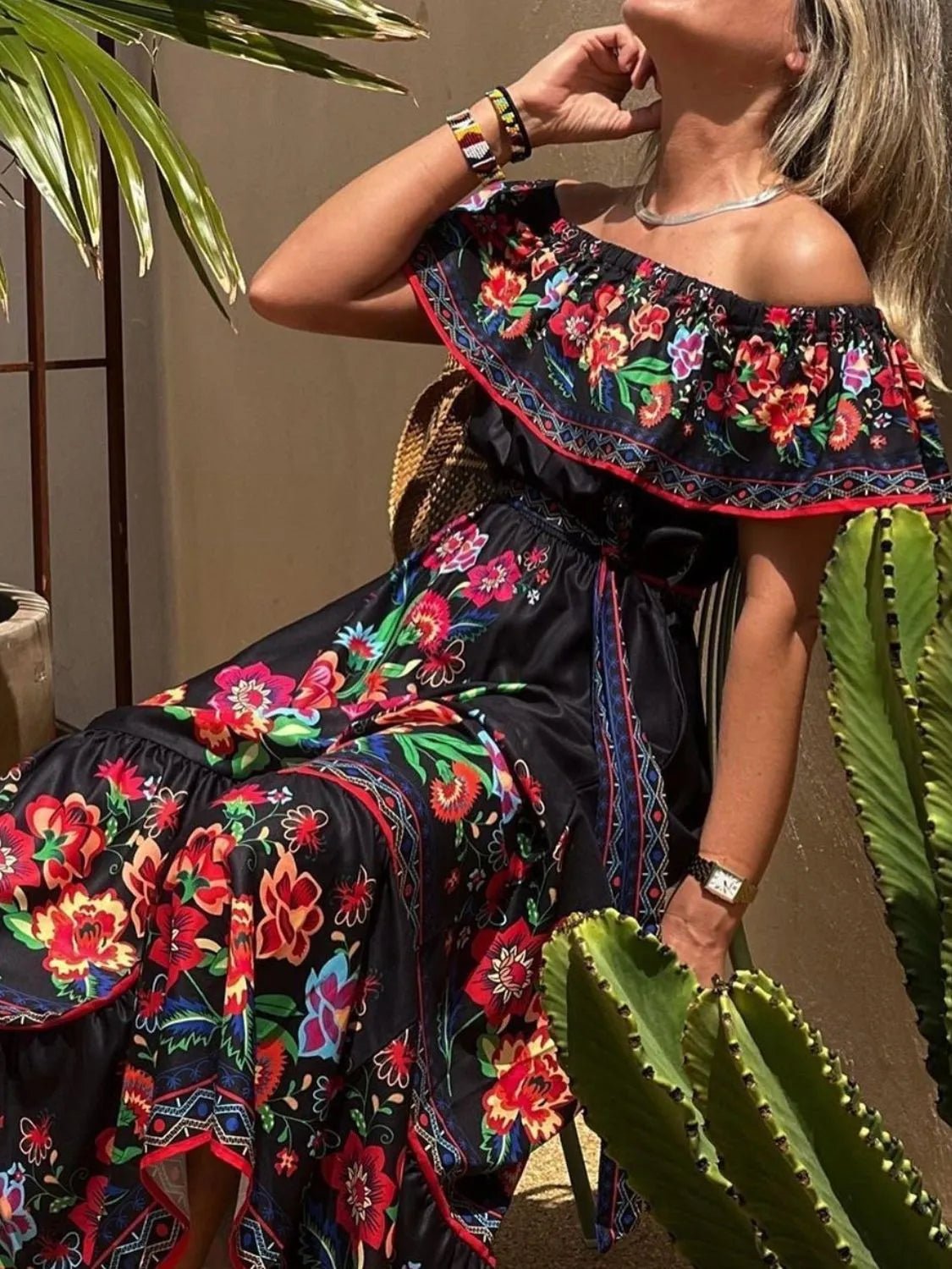 Floral Off Shoulder Ruffle Maxi Dress - adritiX