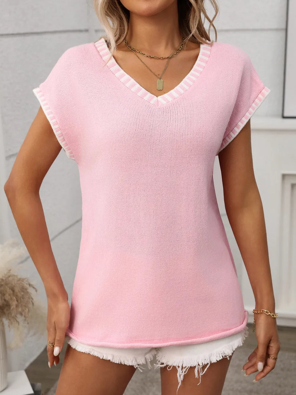 Contrast Trim V-Neck Short Sleeve Knit Top - adritiX