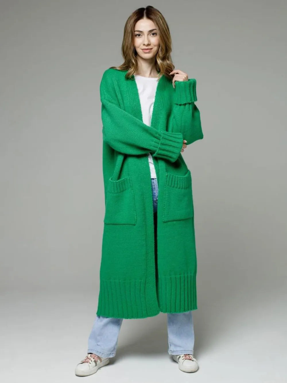 Pocketed Open Front Dropped Shoulder Cardigan - adritiX