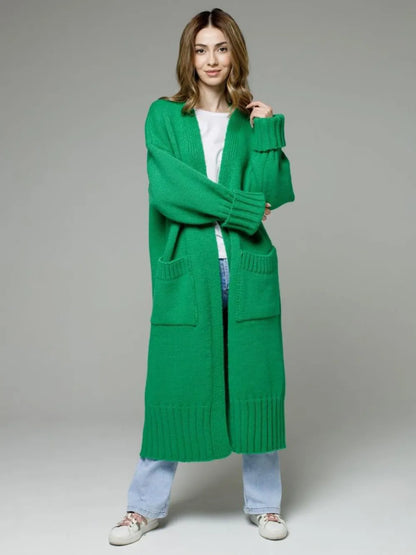 Pocketed Open Front Dropped Shoulder Cardigan - adritiX