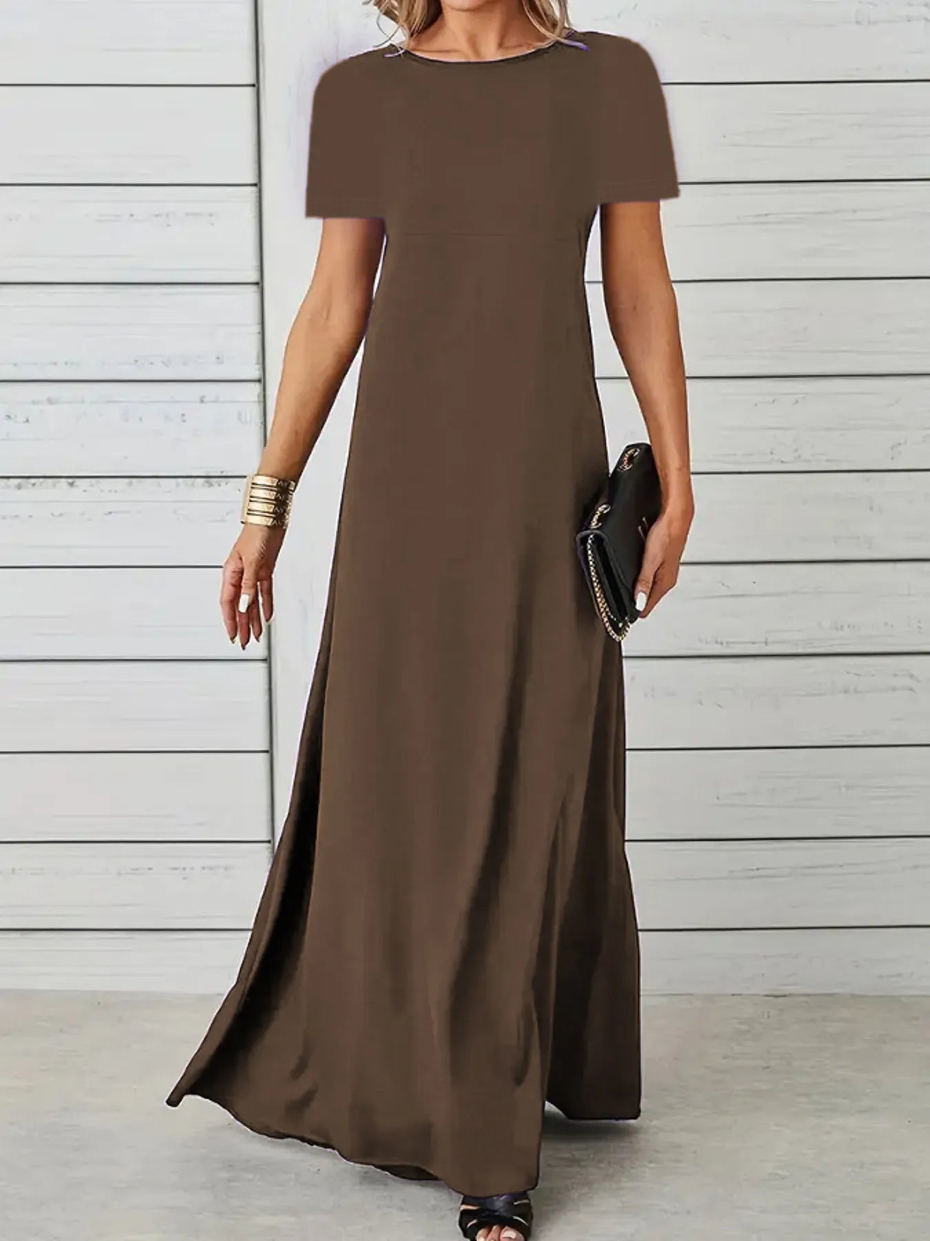 Full Size Round Neck Short Sleeve A-Line Maxi Dress Plus Size - adritiX