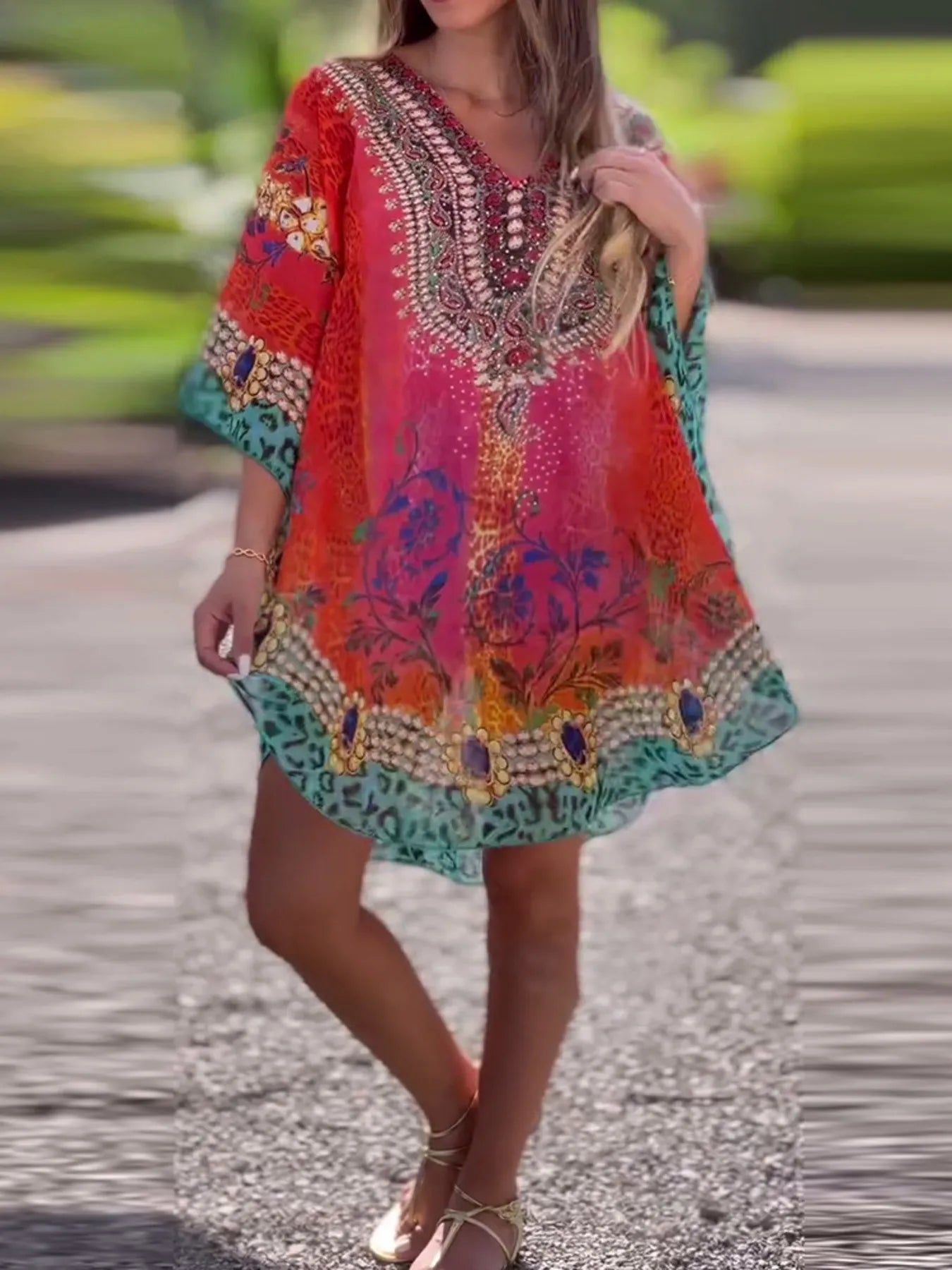 Floral Print V-Neck Cover Up - adritiX