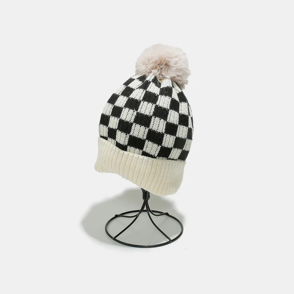 Checkered Knit Hat with Pompom - adritiX
