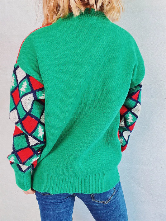 Pom-Pom Contrast Round Neck Long Sleeve Sweater - adritiX