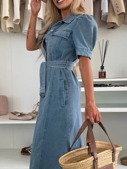 Puff Sleeve Button Down Belted Denim Midi Dress - adritiX