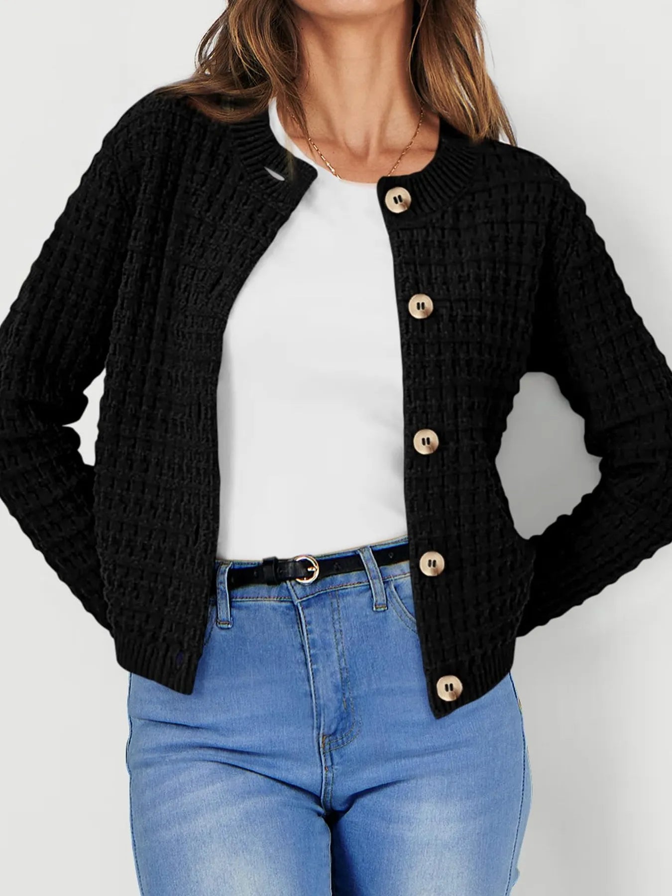 Elegant Textured Knit Button-Front Cardigan - adritiX