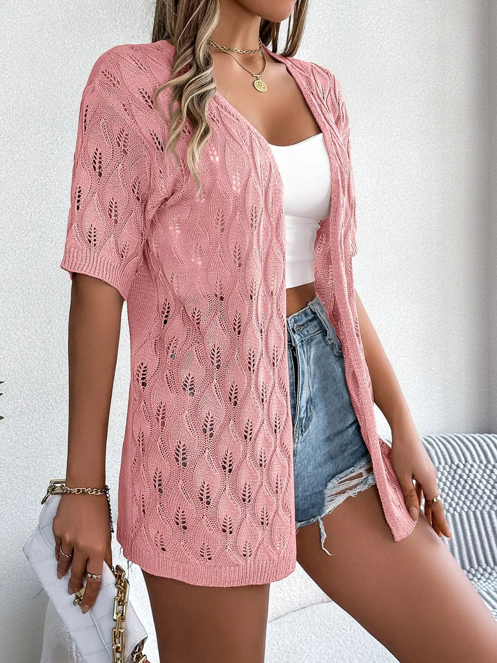 Openwork Open Front Short Sleeve Cardigan - adritiX