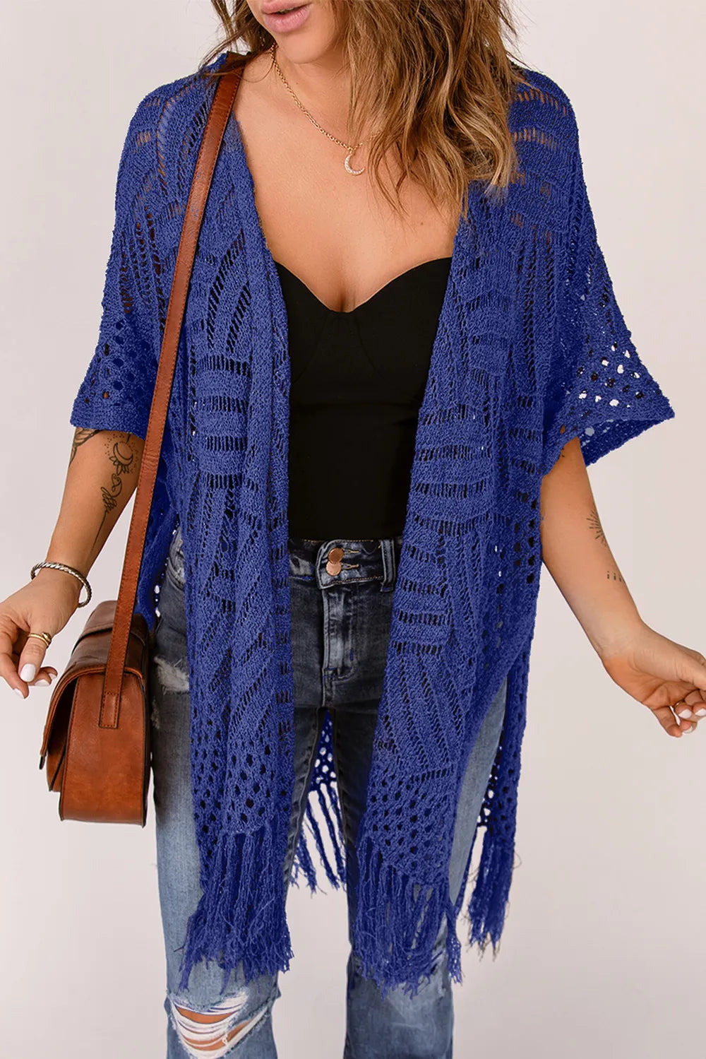 Openwork Open Front Cardigan with Fringes - adritiX