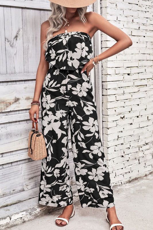 Elegant Perfee Floral Strapless Wide Leg Jumpsuit - adritiX