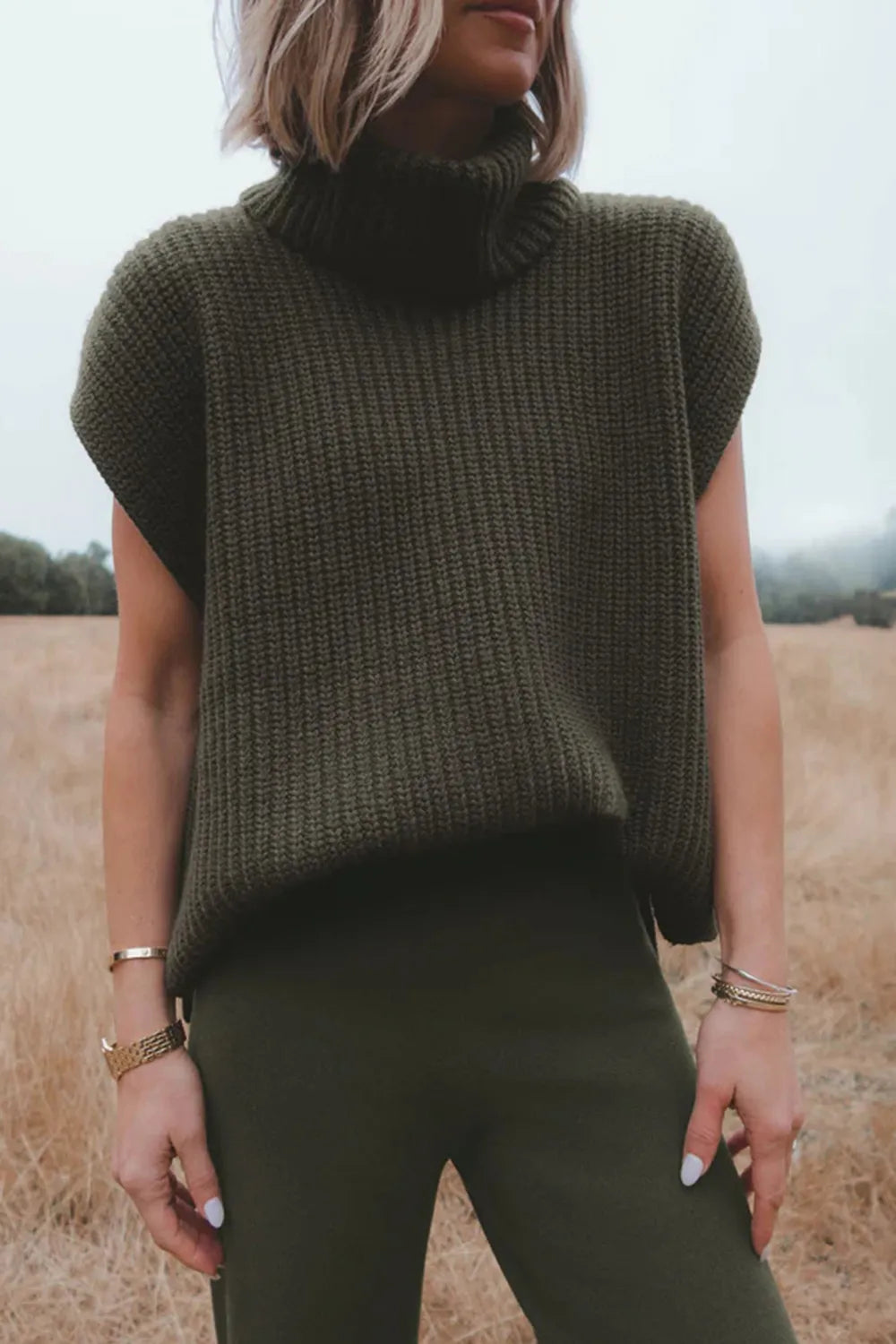 Slit Turtleneck Cap Sleeve Sweater - adritiX