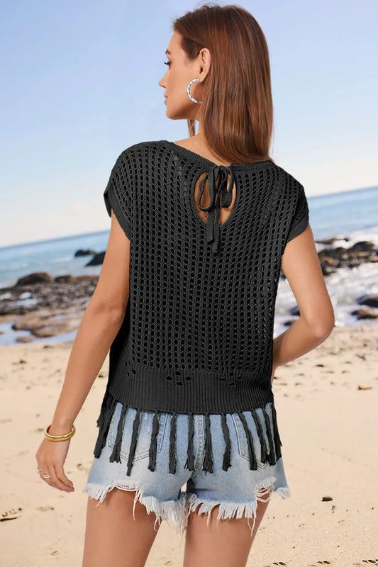 Openwork Cap Sleeve Knit Cover Up with Tassel - adritiX