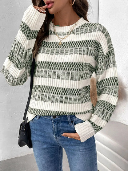 Perfee Contrast Round Neck Long Sleeve Sweater - adritiX