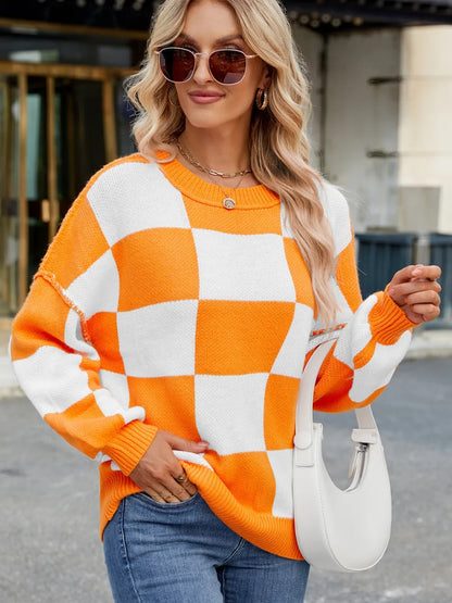 Checkered Round Neck Long Sleeve Sweater - adritiX