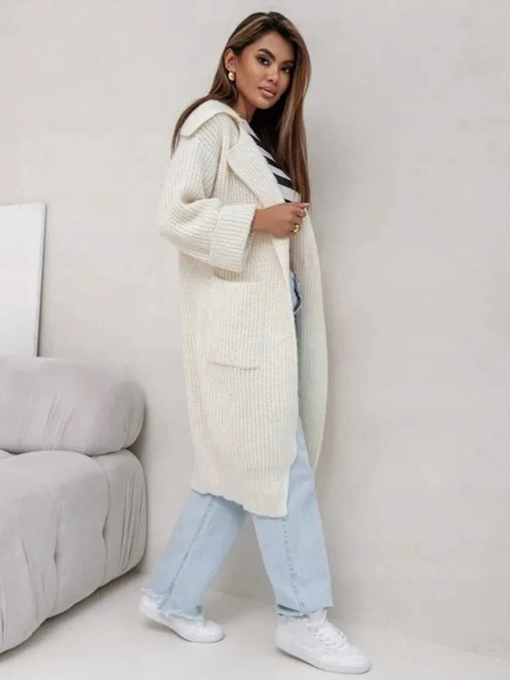 Pocketed Collared Neck Dropped Shoulder Cardigan - adritiX