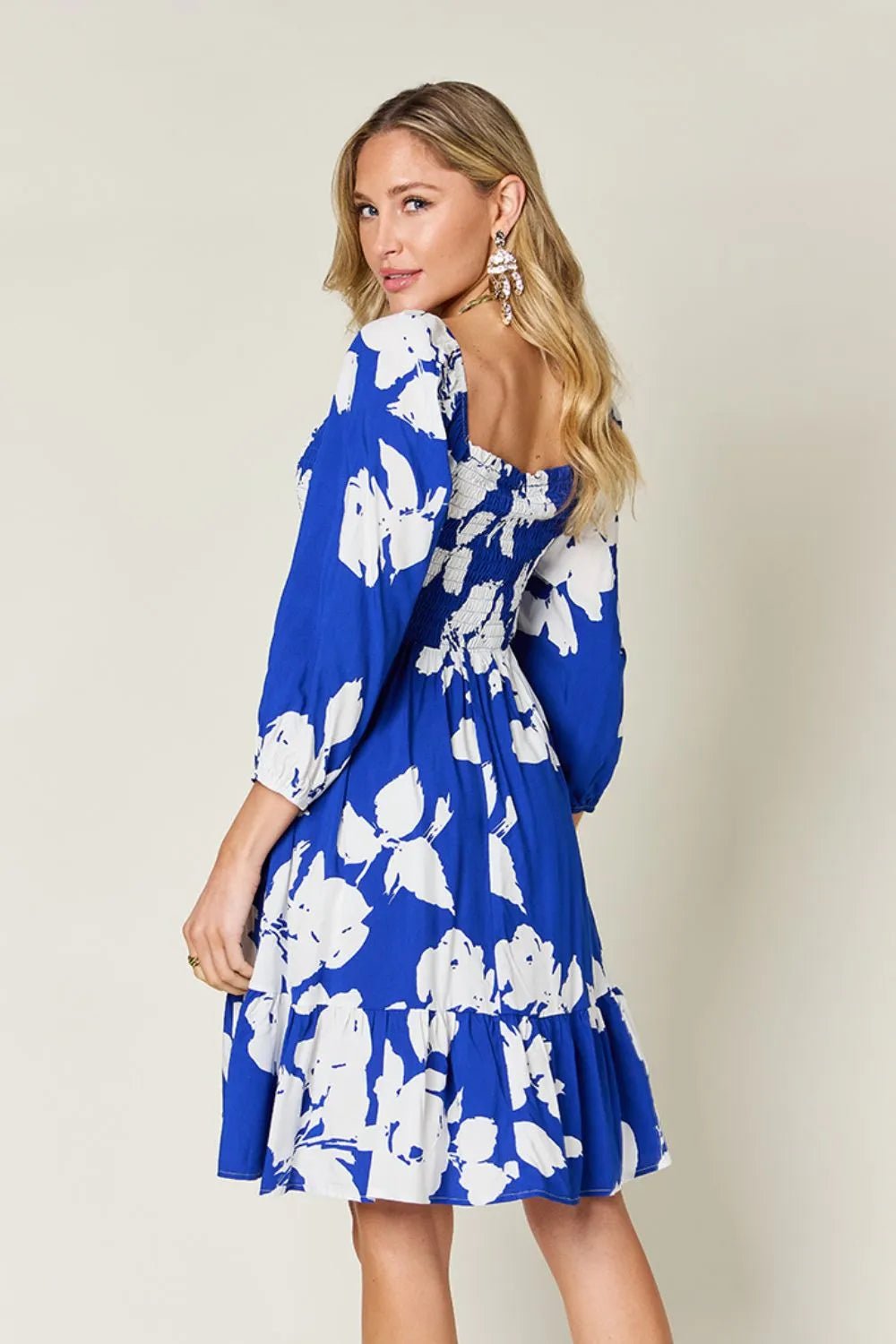 Double Take Full Size Floral Ruffle Hem Smocked Dress with Pockets - adritiX