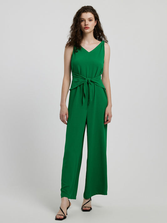 Elegant Honey Knot Detail Tie Front Sleeveless Jumpsuit - adritiX