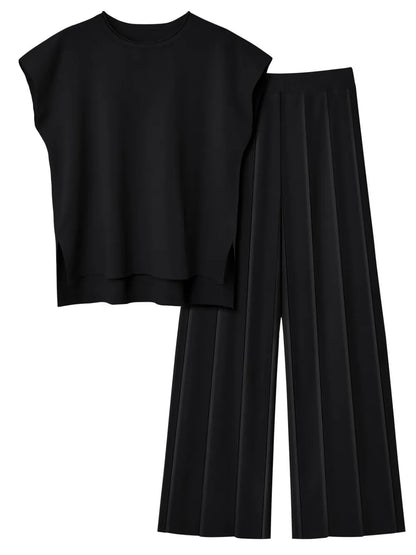 Round Neck Cap Sleeve Top and Pants Knit Set - adritiX