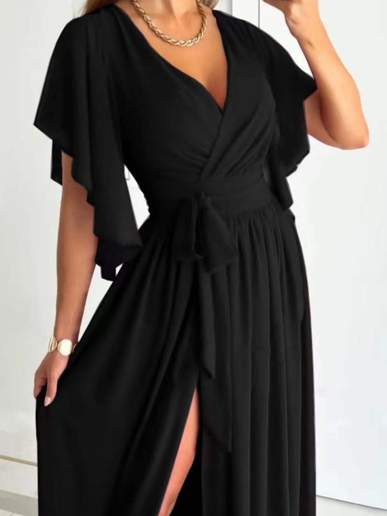 Flutter Sleeve Surplice Tie Waist Dress - adritiX