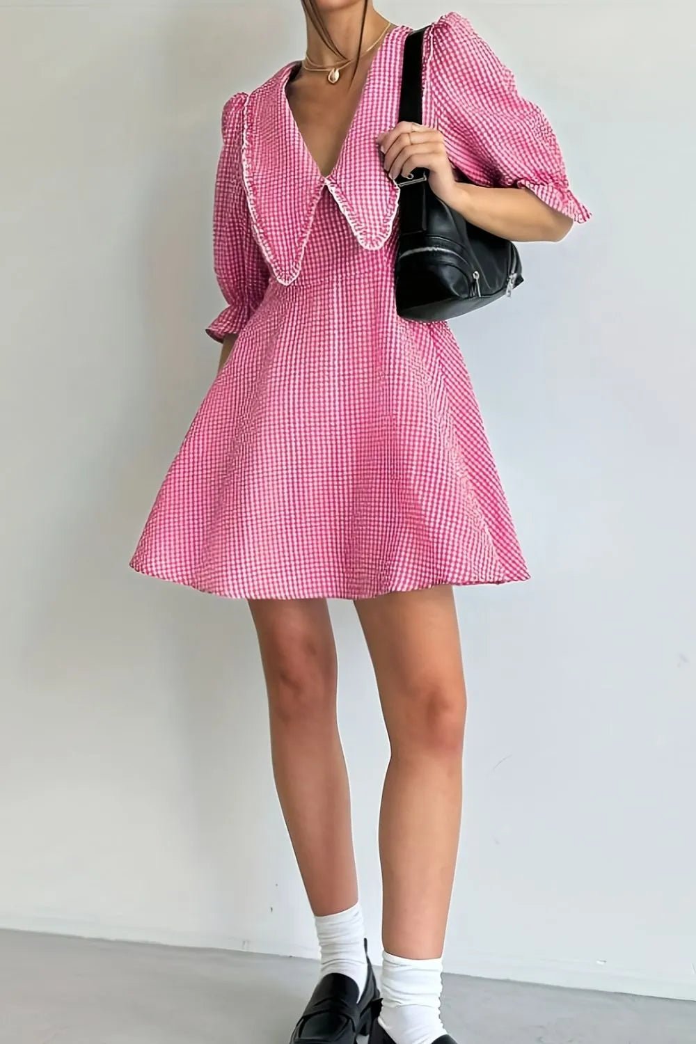 Gingham Puff Sleeve Mini Dress - adritiX