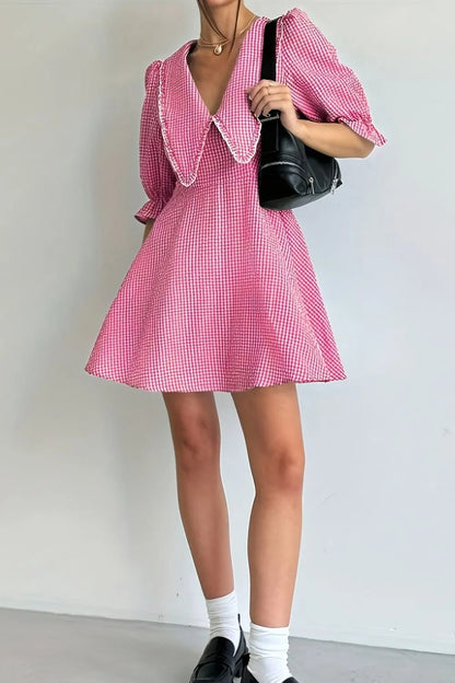 Gingham Puff Sleeve Mini Dress - adritiX