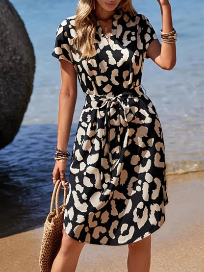 Leopard Notched Tie Waist Midi Dress - adritiX