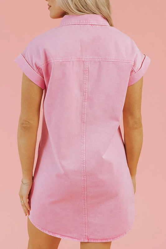 Button Down Short Sleeve Denim Dress - adritiX