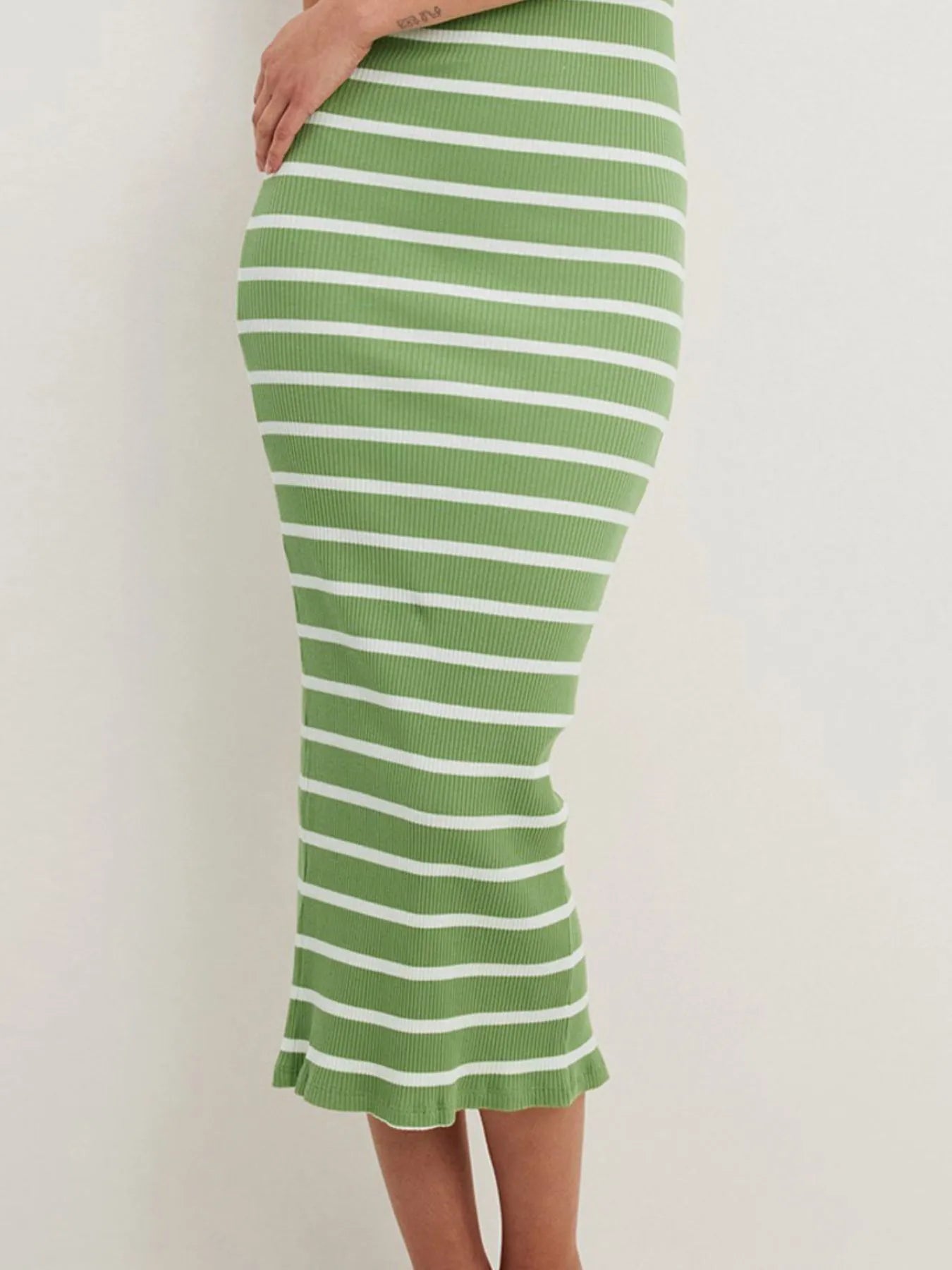 Slit Back Striped Strapless Bodycon Midi Dress - adritiX