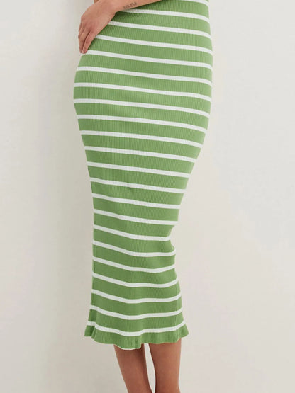Slit Back Striped Strapless Bodycon Midi Dress - adritiX