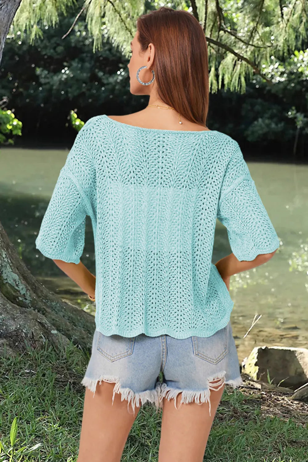 Openwork Round Neck Half Sleeve Knit Top - adritiX