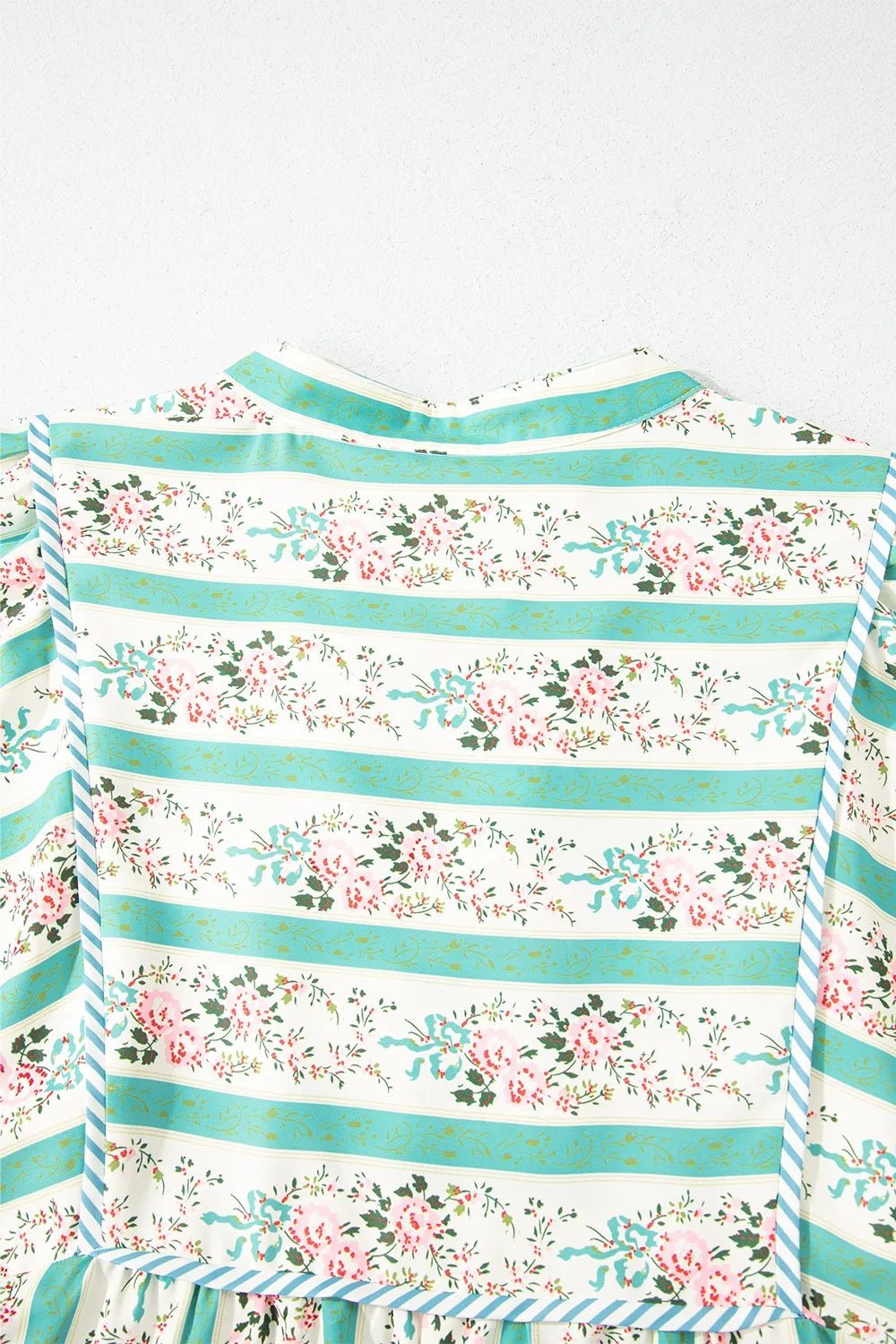Striped Floral Print Tie Neck Puff Sleeve Midi Dress - adritiX